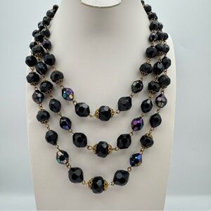 Vintage West Germany Multi-Strand Black Faceted Bead Necklace | Signed